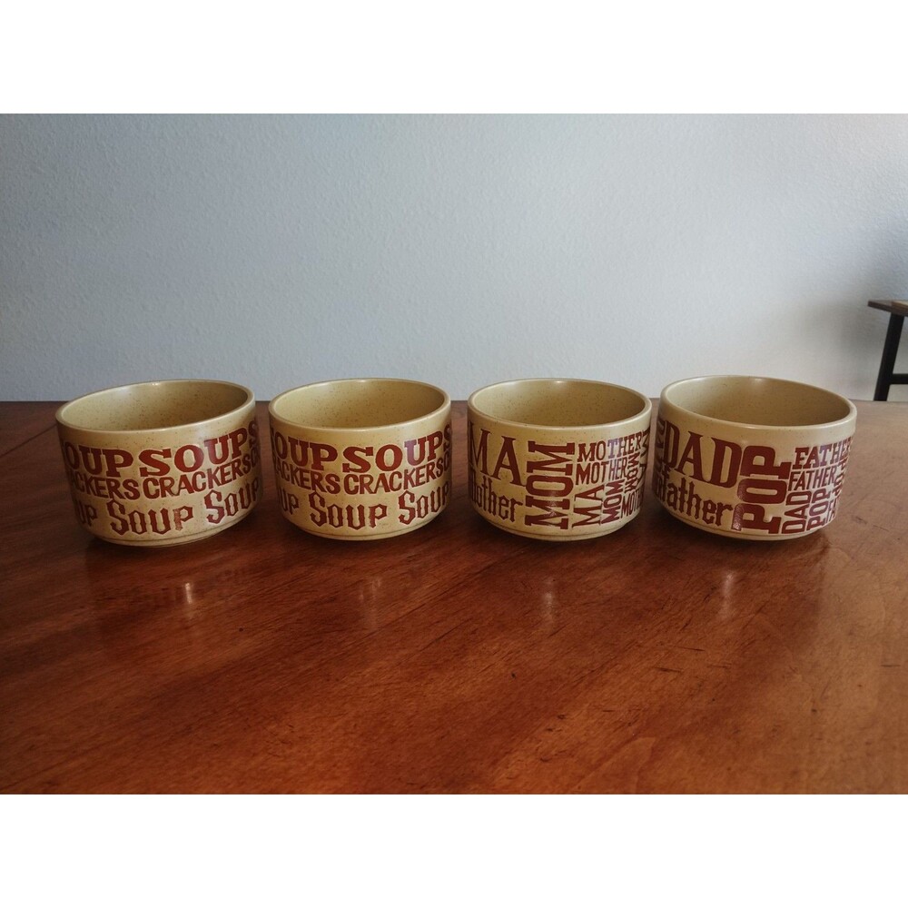 Lot 4x Vintage 1970’s Soup & Crackers Mom Dad Speckled Stoneware Mugs Japan Tan - Picture 6 of 15